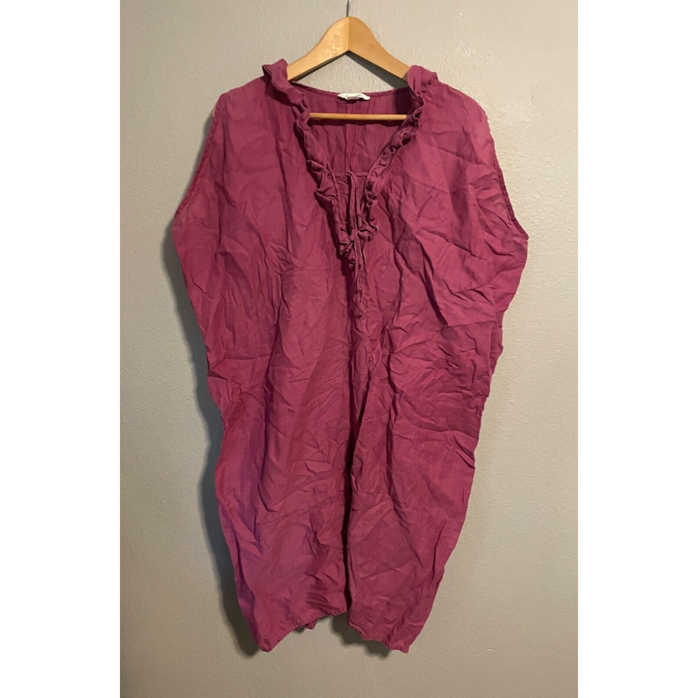 Garnet Hill Womens Dress Large Fuschia Linen Ruffle Sleeveless Boxy Lagenlook